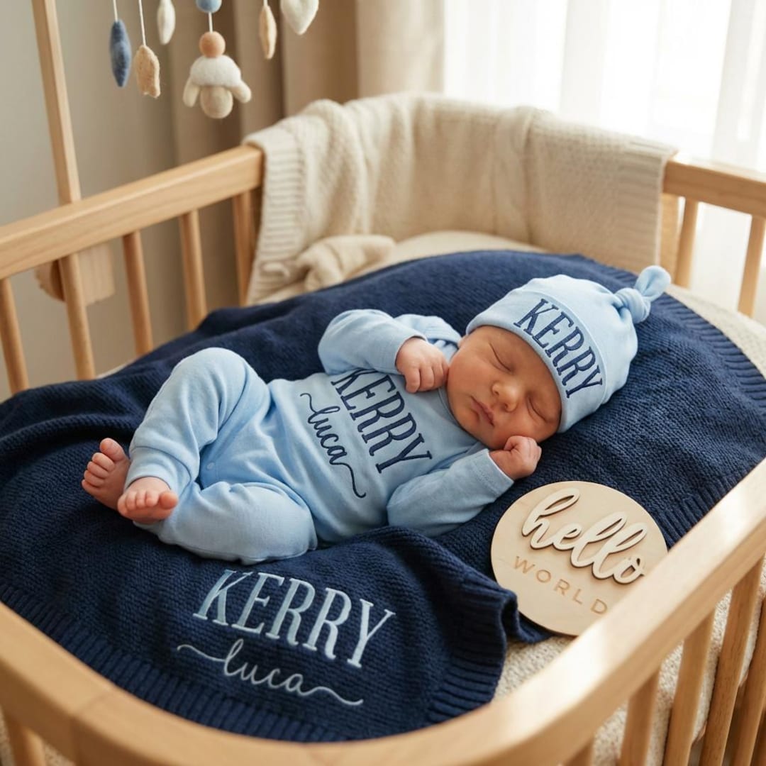 Personalized Embroidered Baby Outfit Set with Blanket, , Custom Newborn Romper and Hat, Newborn Gift, Coming Home Set, Baby Shower Keepsake
