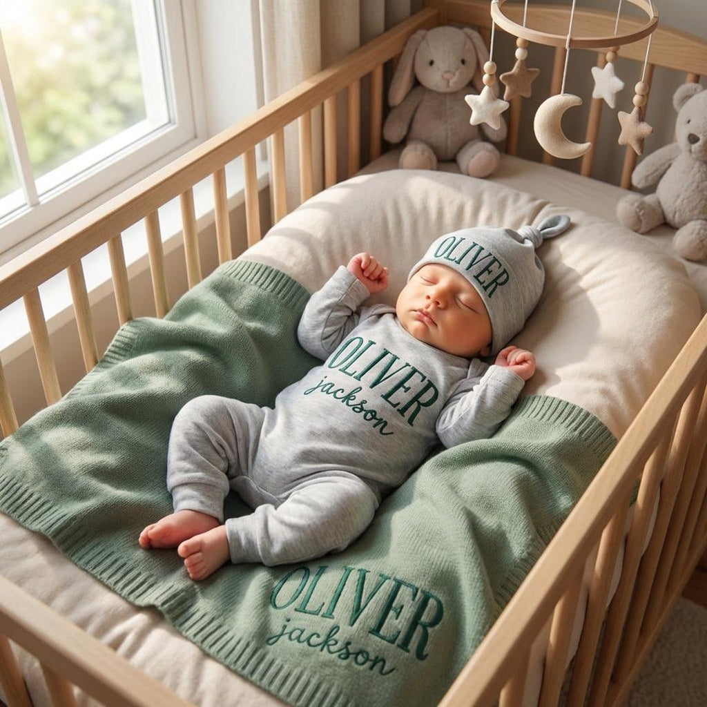 Embroidered Newborn Gift,Organic Cotton Baby Name Outfit Set with Knit Blanket, Personalized Newborn Romper and Hat,, Coming Home Set