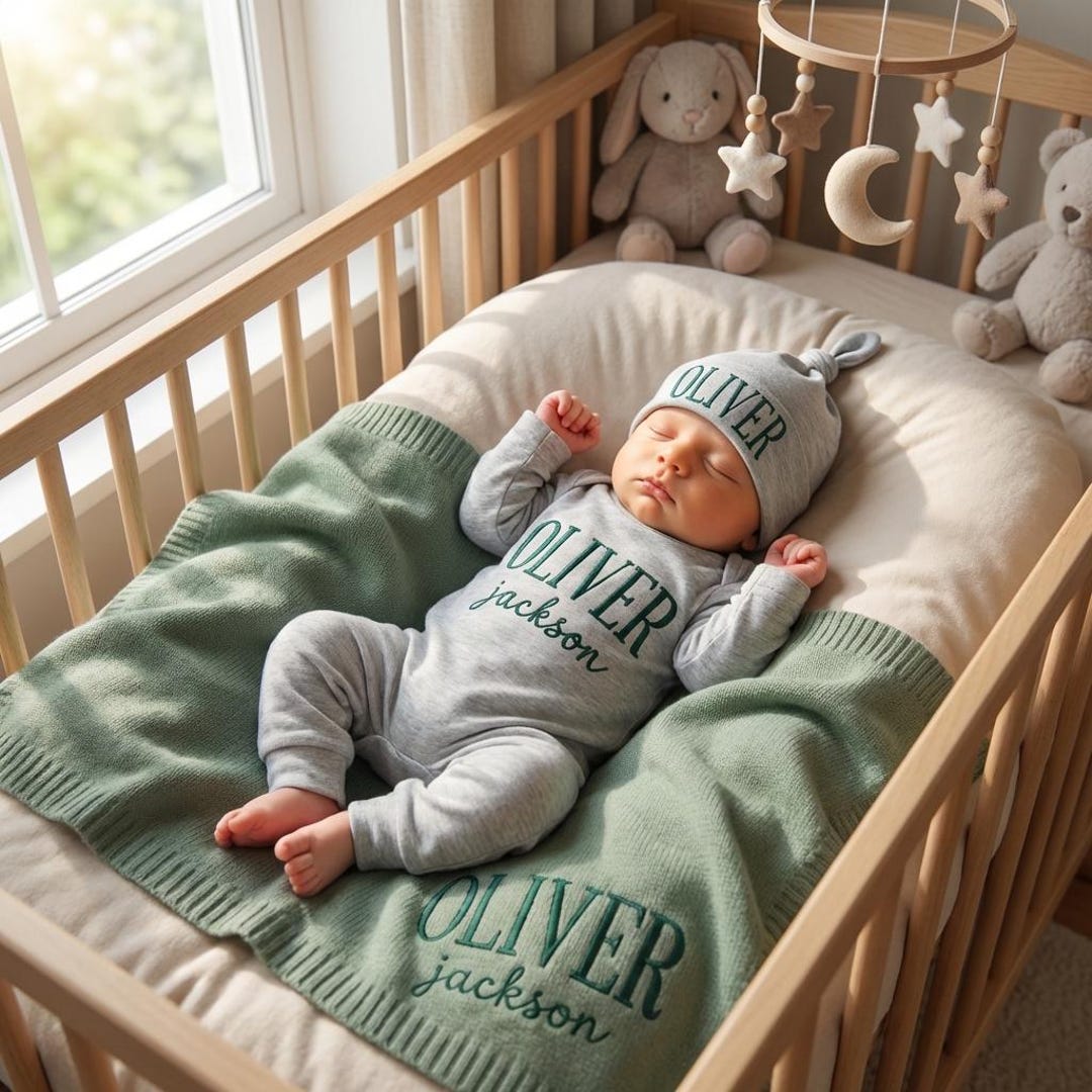 Embroidered Newborn Gift,Organic Cotton Baby Name Outfit Set with Knit Blanket, Personalized Newborn Romper and Hat,, Coming Home Set