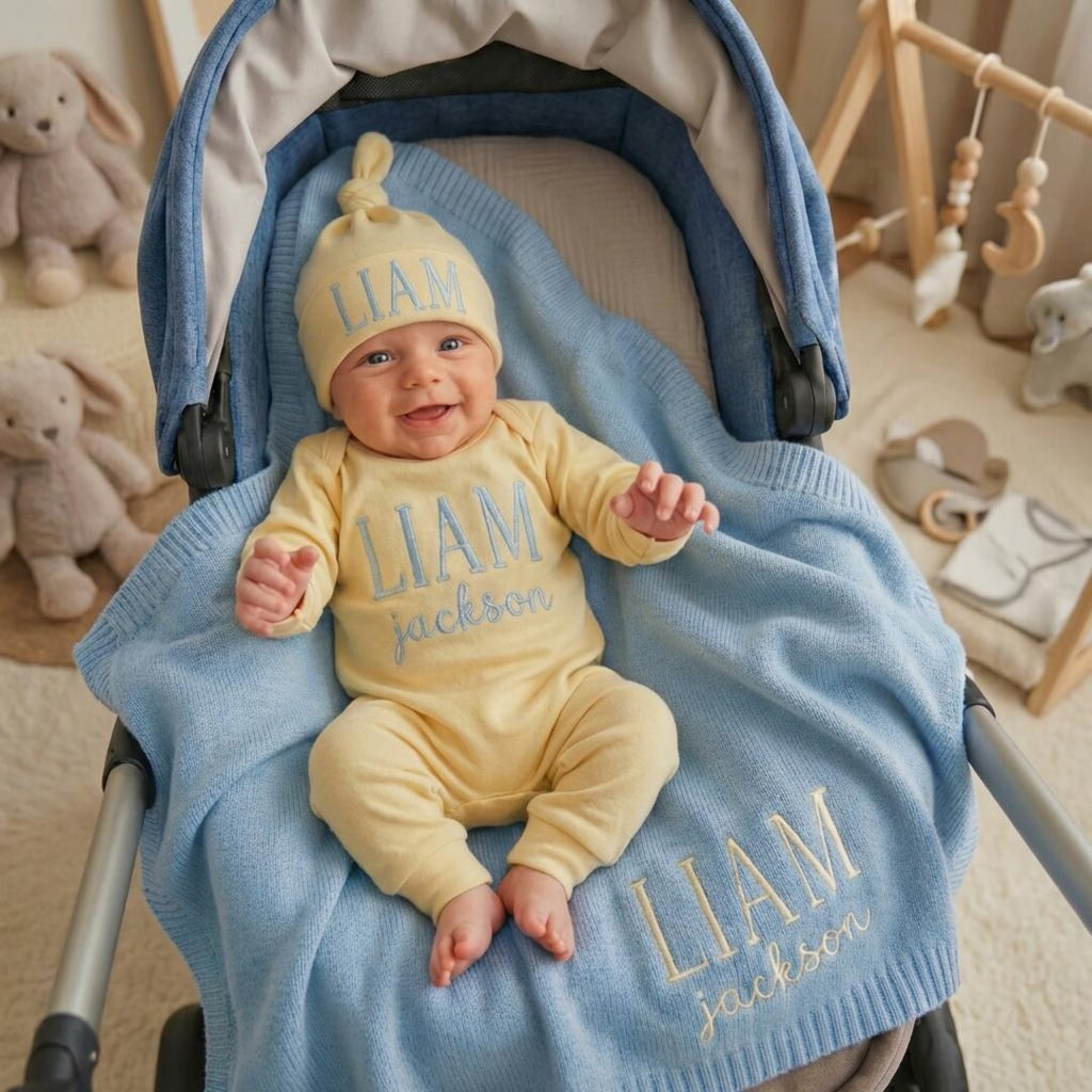 Embroidered Organic Cotton Newborn Outfit Set, Personalized Baby Romper, Knit Blanket