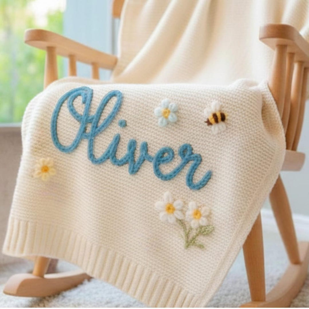 Personalized Hand-Embroidered Baby Name Blanket, Custom Cotton Baby Blanket, Newborn Name Blanket, Nursery Keepsake, Baby Shower Gift