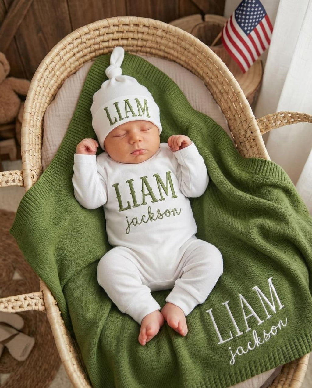 Embroidered Baby Outfit Set with Cotton Knit Blanket, Newborn Gift, Custom Baby Announcement, homecoming set,baby bodysuit with matching hat