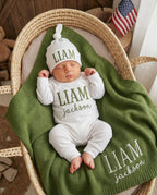 Embroidered Baby Outfit Set with Cotton Knit Blanket, Newborn Gift, Custom Baby Announcement, homecoming set,baby bodysuit with matching hat