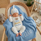 Personalized Embroidered Baby Name Outfit Set with Knit Blanket, Hello World Newborn Romper and Hat, Newborn Gift, Coming Home Set