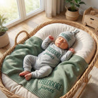 Personalized Embroidered Organic Cotton Baby Outfit Set, Knit Blanket Romper Hat, Newborn Coming Home Keepsake Gift