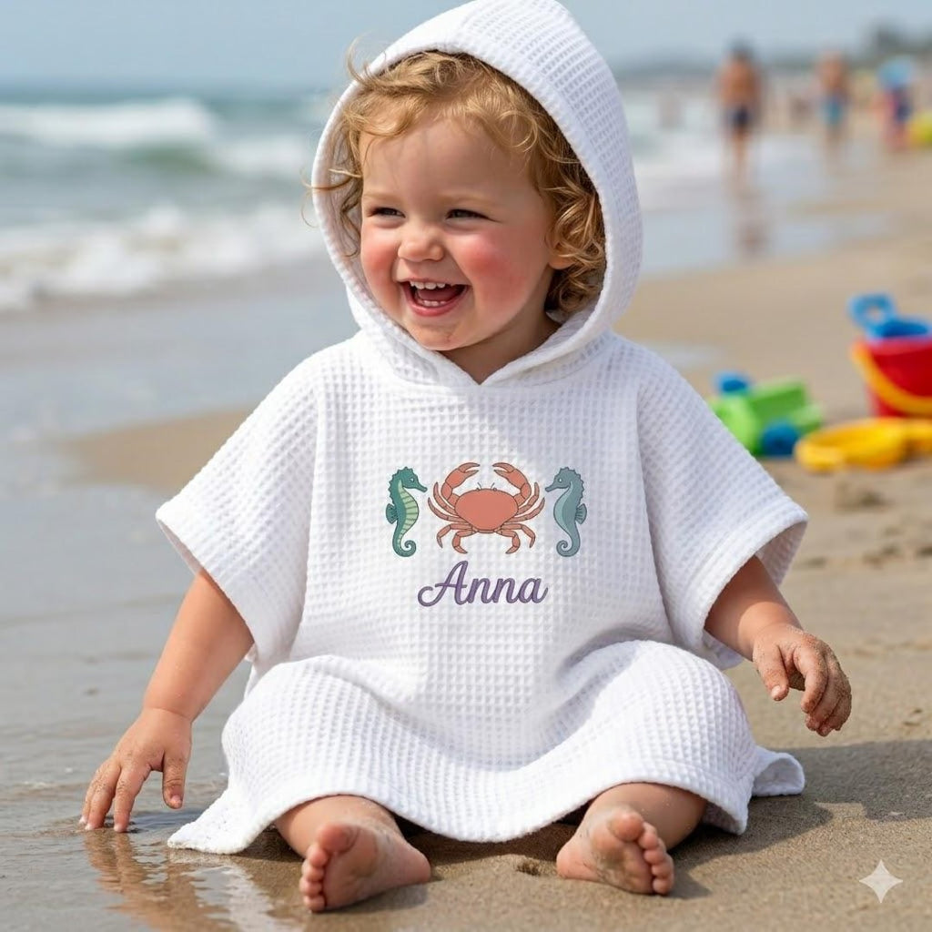 Custom Name Embroidered Hooded Beach Towel, Personalized Ocean Baby Bath Poncho, Summer Kids Gift