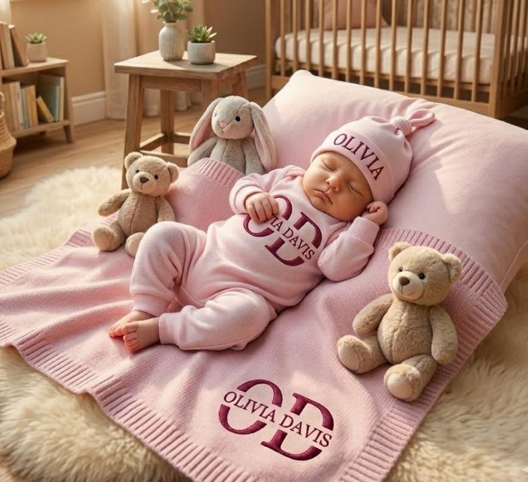 Personalisiertes Neugeborenen-Outfit für die Heimreise, individuelles Baby-Set aus Bio-Baumwolle, bestickter Strampler mit Mütze und Decke, Erinnerungsgeschenk zur Babyparty