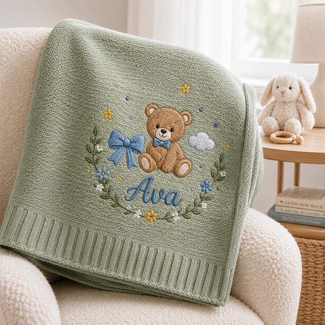 Personalized Cartoon Bear Embroidered Baby Blanket, Custom Name Soft Knit Blanket, Daisy Floral Newborn Blanket, Nursery Gift