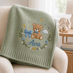 Personalized Cartoon Bear Embroidered Baby Blanket, Custom Name Soft Knit Blanket, Daisy Floral Newborn Blanket, Nursery Gift
