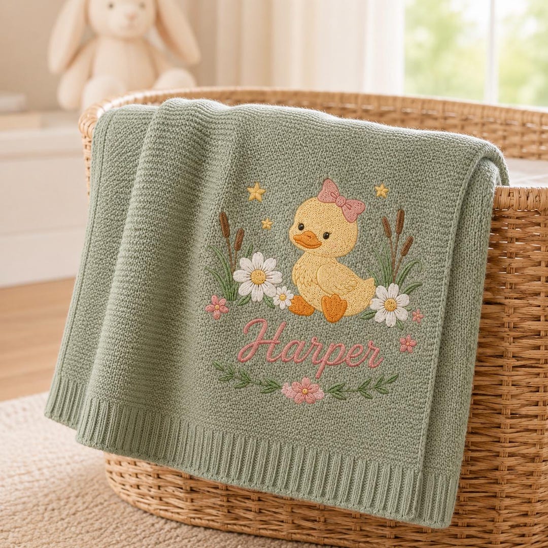 Personalized Duck Embroidered Baby Blanket, Custom Name Soft Knit Blanket, Soft Floral Newborn Blanket, Nursery Gift, Baby, Cute Style