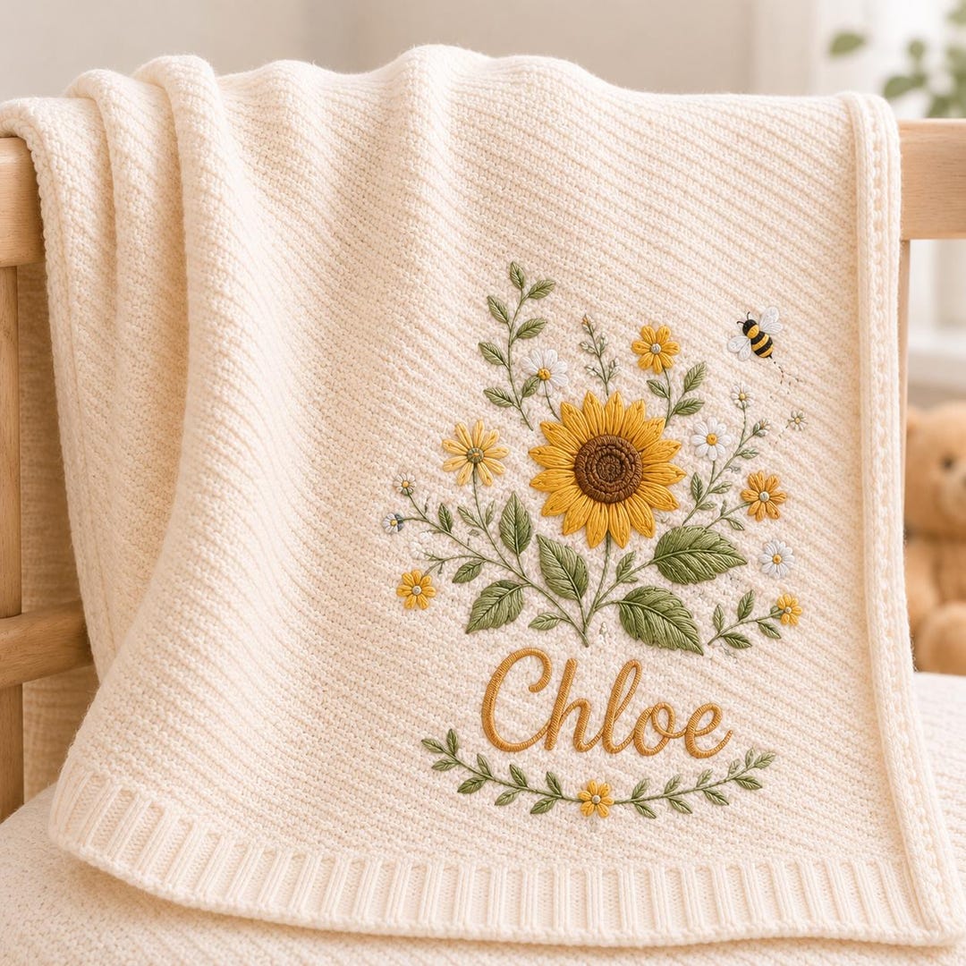Sunflower Personalized Embroidered Baby Blanket, Custom Name Soft Knit Blanket, Wildflower Newborn Blanket, Nursery Gift