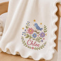 Blue Bird Baby Blanket with Custom Name, Personalized Floral Embroidered Knit Blanket, Garden Nursery Gift for Newborn Baby Girl