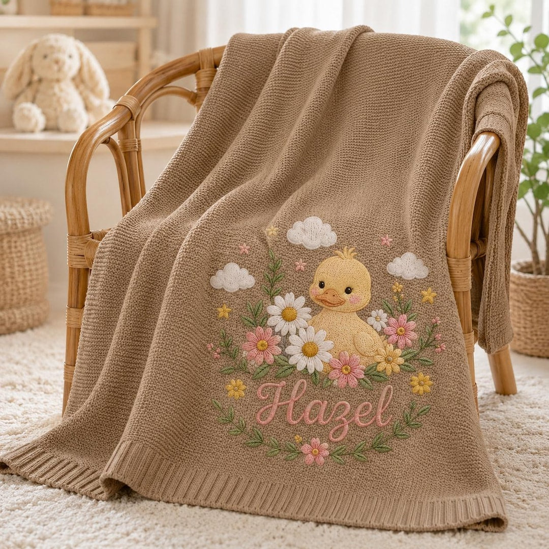 Cartoon Duck Personalized Embroidered Baby Blanket, Custom Name Soft Knit Blanket, Minimal Nursery Newborn Blanket, Baby Gift
