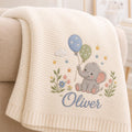 Elephant Baby Blanket with Custom Name, Personalized Balloon Nursery Blanket, Soft Knit Newborn Keepsake Gift