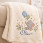Elephant Baby Blanket with Custom Name, Personalized Balloon Nursery Blanket, Soft Knit Newborn Keepsake Gift