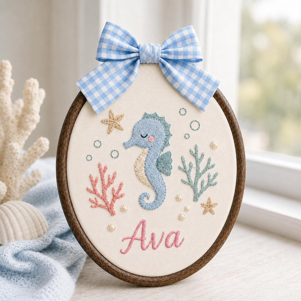Custom Seahorse Baby Name Sign, Ocean Nursery Decor, Embroidered Name Hoop, Baby Shower Gift, Coastal Nursery