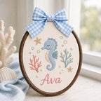 Custom Seahorse Baby Name Sign, Ocean Nursery Decor, Embroidered Name Hoop, Baby Shower Gift, Coastal Nursery