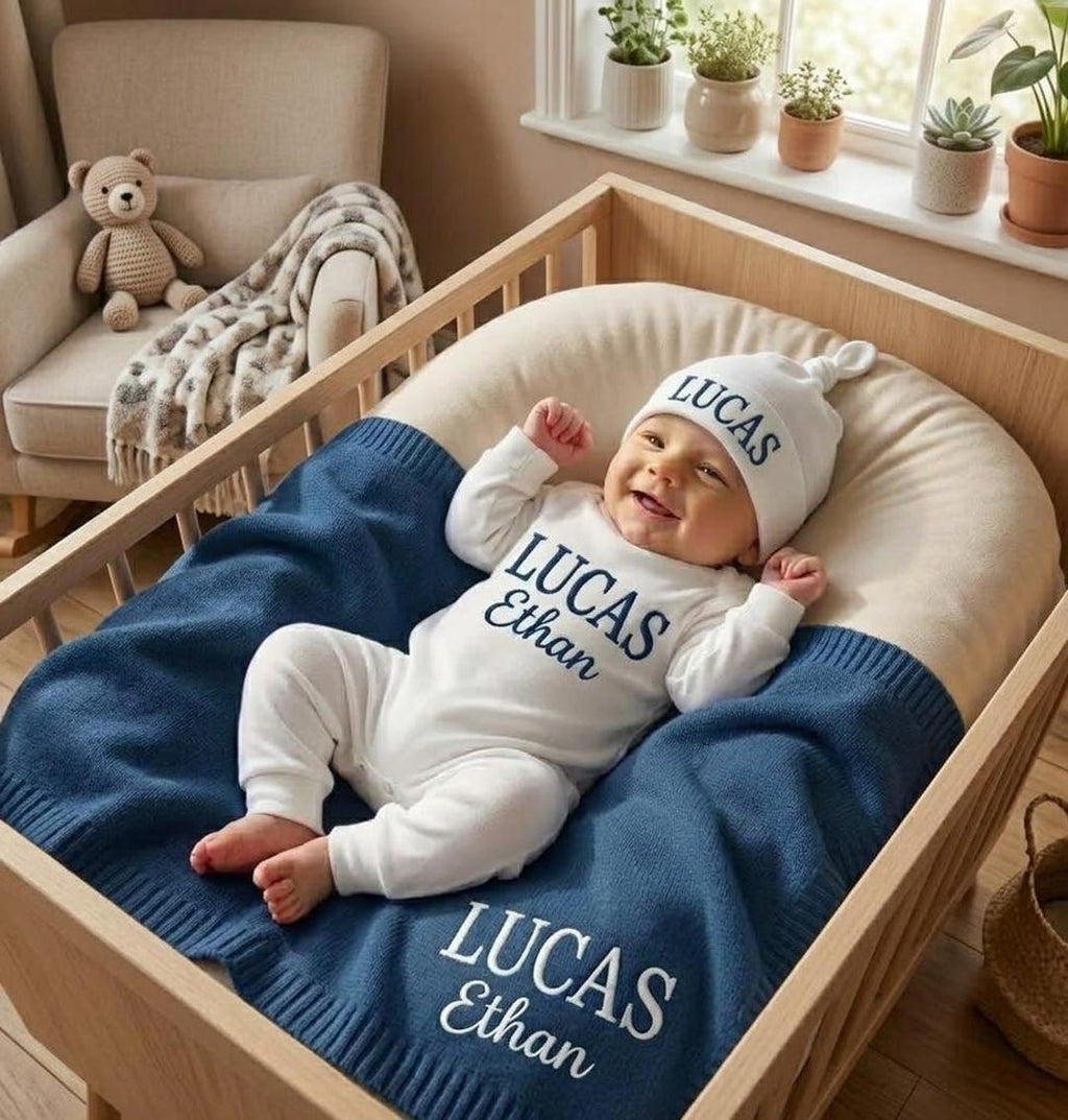 Embroidered Baby Name Outfit Set with Blanket, Personalized Newborn Romper and Hat, Coming Home Set, Baby Shower Gift.