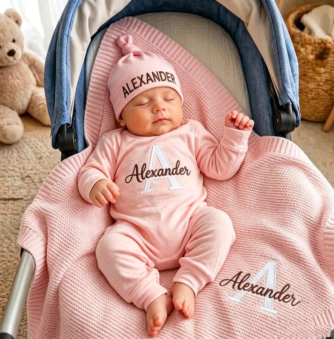 Personalized Embroidered Outfit,Unique Newborn Baby Gift Set, Custom Name Romper & Hat, Hospital Coming Home Essentials, Keepsake Present