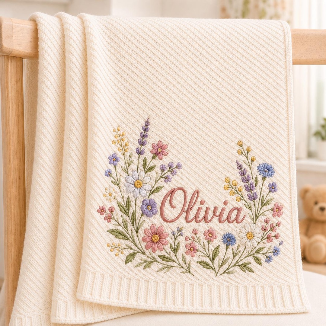 Wildflower Personalized Baby Blanket, Custom Floral Name Embroidery, Cottagecore Boho Girl Nursery Newborn Shower Gift