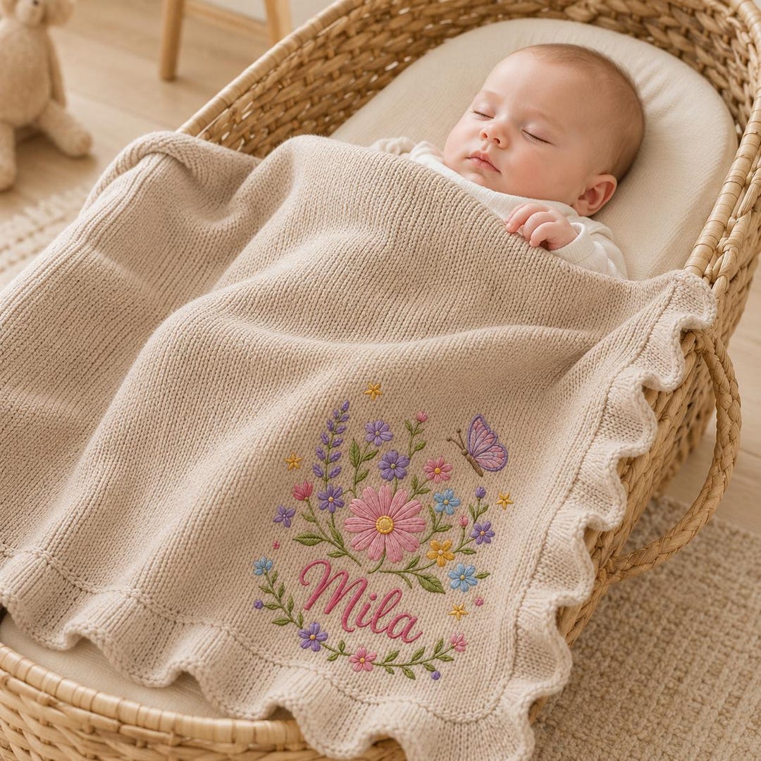 Personalized Ruffle Baby Blanket, Custom Name Soft Knit Blanket, Daisy Floral Newborn Blanket, Nursery Gift