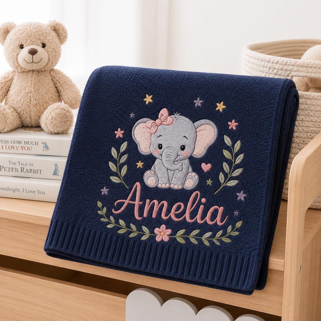 Baby Elephant Personalized Embroidered Baby Blanket, Custom Name Soft Knit Blanket, Wildflower Newborn Blanket, Nursery Gift