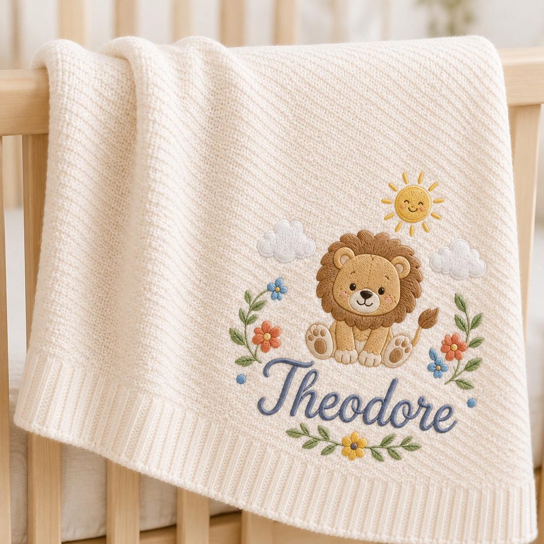 Personalized Embroidered Baby Blanket, Custom Lion Name Soft Knit Blanket, Minimal Nursery Newborn Blanket, Nursery Gift