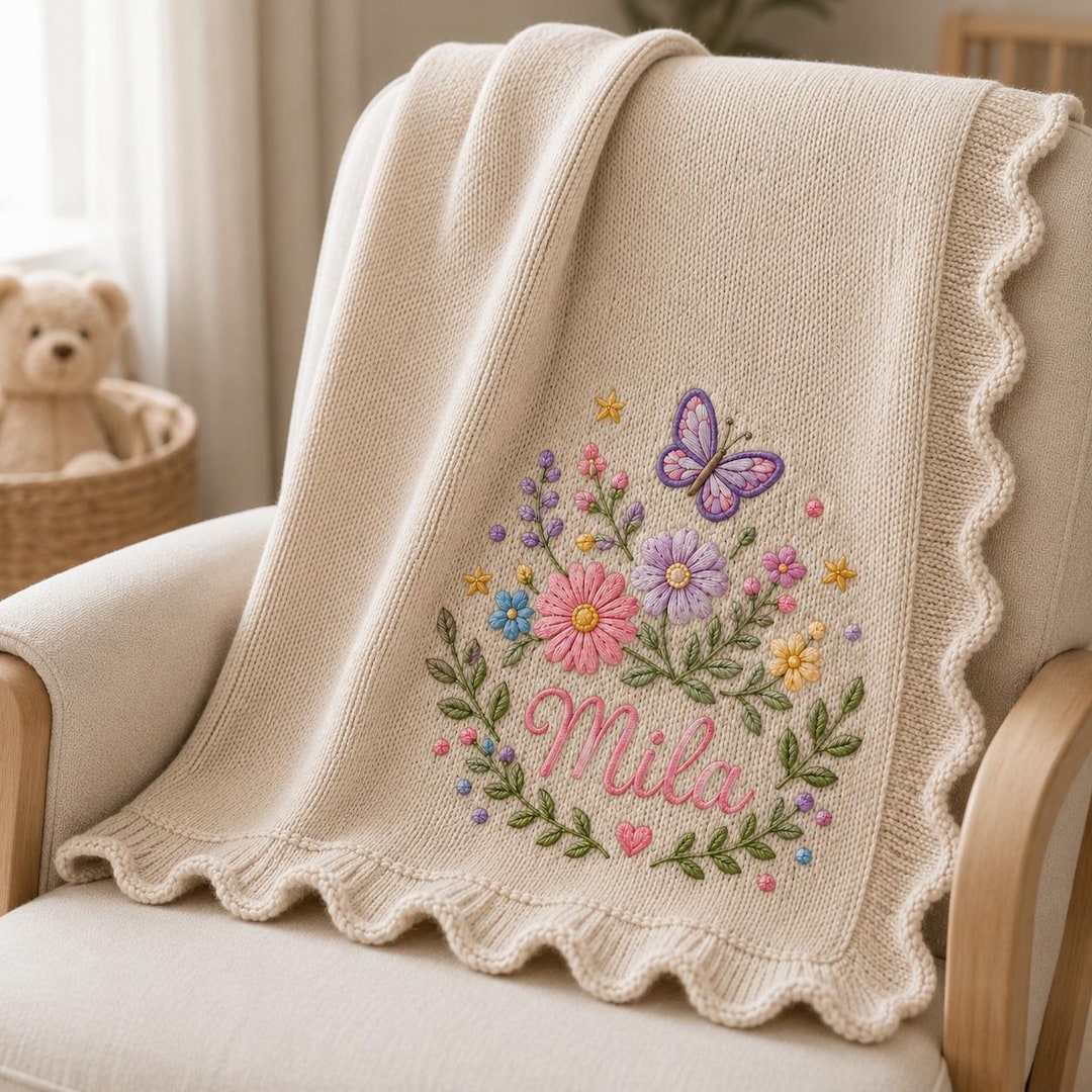 Floral Personalized Embroidered Baby Blanket, Cute Butterfly Soft Knit Blanket, Wildflower Newborn Blanket, Nursery, Baby Blanket