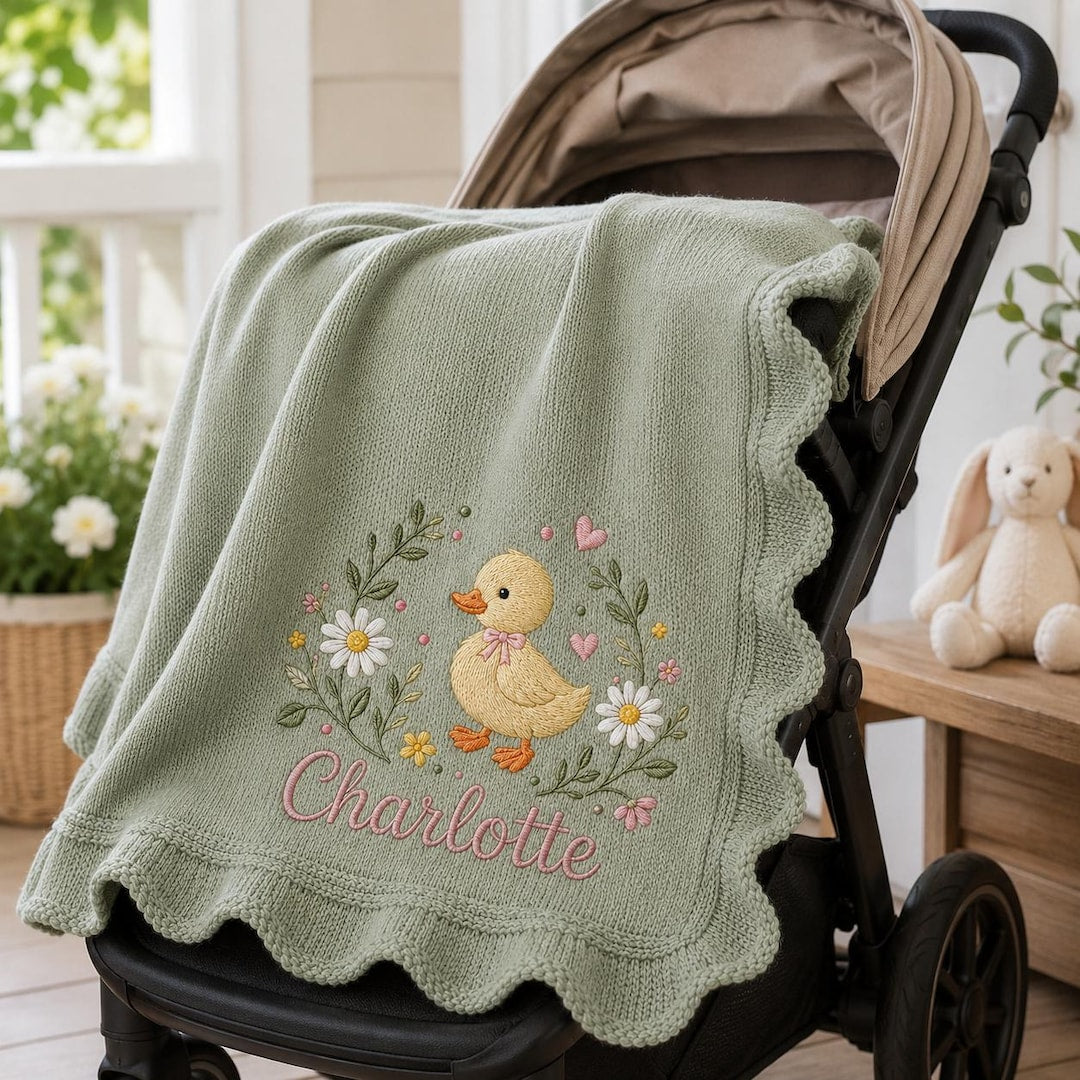Cute Duck Personalized Embroidered Baby Blanket, Floral Custom Name Soft Knit Blanket, Minimal Nursery Newborn Blanket, Baby Blanket