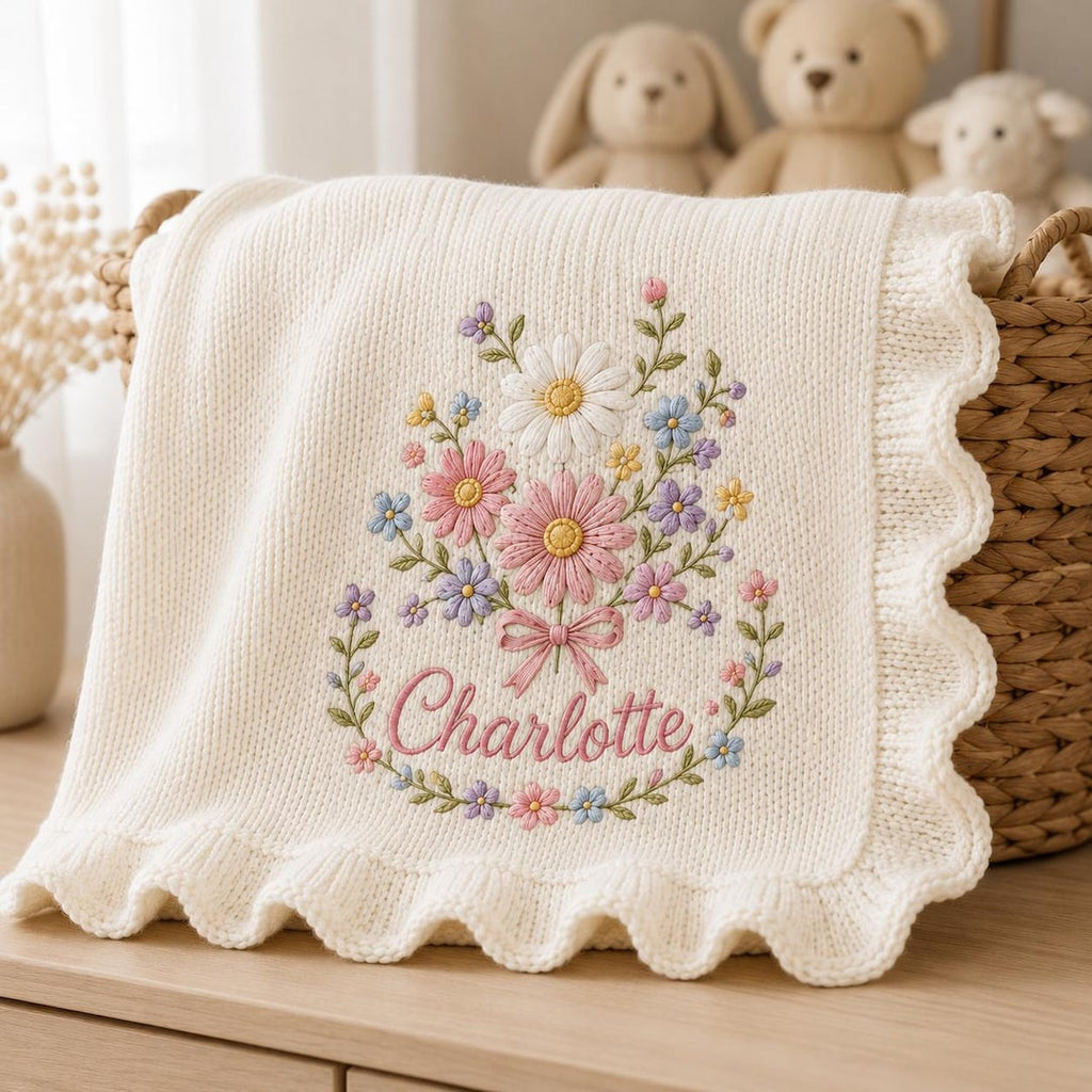 Floral Personalized Ruffle Baby Blanket, Custom Cotton Name Soft Knit Blanket, Wildflower Newborn Blanket, Nursery Gift