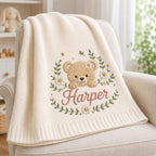 Teddy Bear Baby Blanket with Custom Name, Personalized Floral Nursery Blanket, Soft Knit Newborn Keepsake Gift