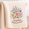 Colorful Floral Personalized Embroidered Baby Blanket, Custom Name Soft Knit Blanket, Wildflower Newborn Blanket, Baby Gift