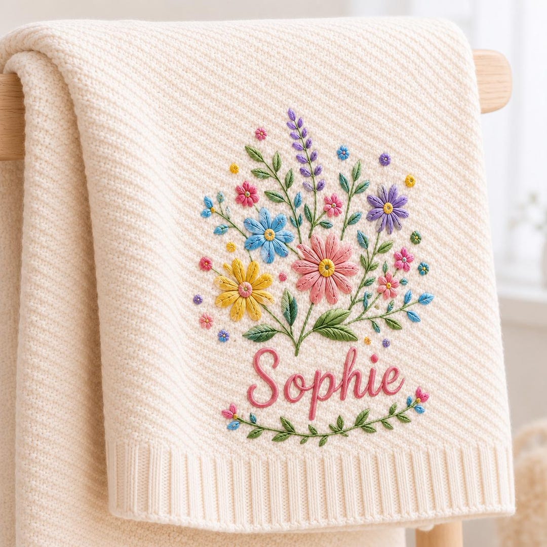 Colorful Floral Personalized Embroidered Baby Blanket, Custom Name Soft Knit Blanket, Wildflower Newborn Blanket, Baby Gift