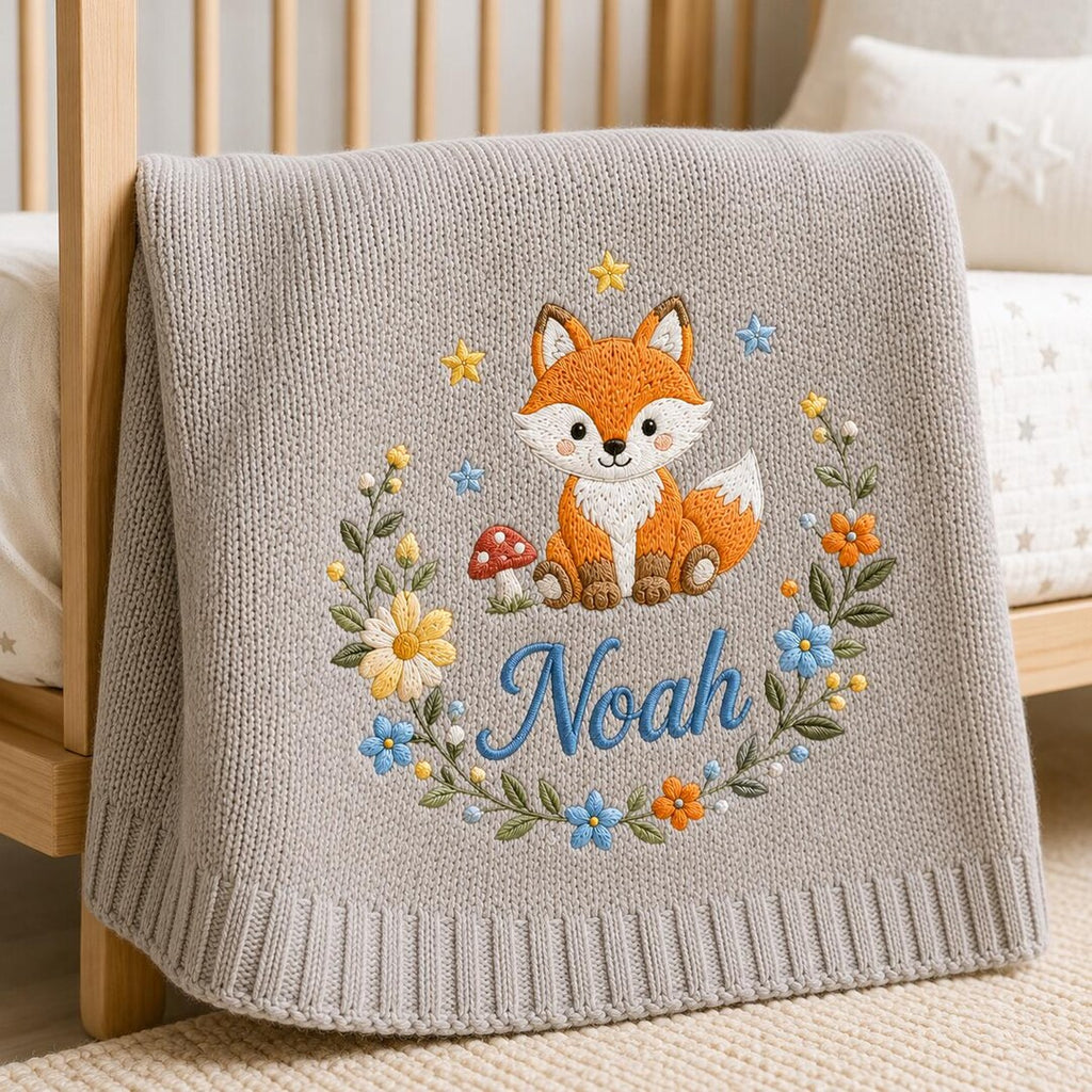 Personalized Embroidered Baby Blanket, Custom Name Soft Knit Blanket, Soft Floral Fox Newborn Blanket, Cotton Newborn Gift
