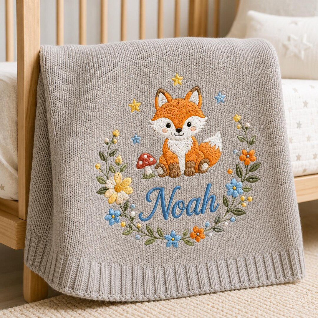 Personalized Embroidered Baby Blanket, Custom Name Soft Knit Blanket, Soft Floral Fox Newborn Blanket, Cotton Newborn Gift