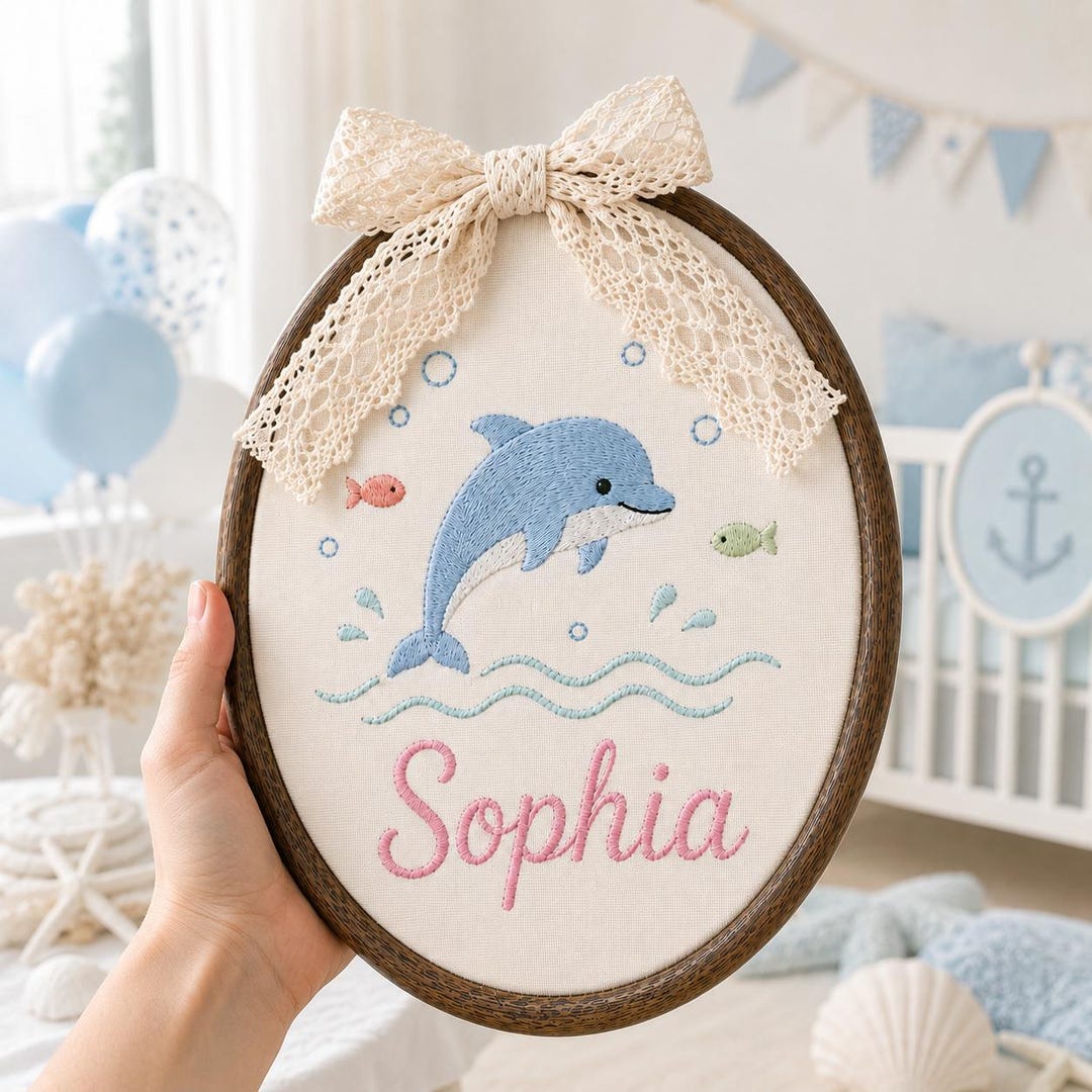 Ocean Inspired Baby Name Sign, Personalized Coastal Nursery Decor, Embroidered Name Hoop, Nautical Baby Room Wall Art, Baby Shower Gift