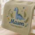 Dinosaur Personalized Embroidered Baby Blanket, Cotton Custom Name Soft Knit Blanket, Minimal Nursery Newborn Blanket