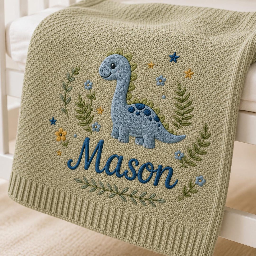 Dinosaur Personalized Embroidered Baby Blanket, Cotton Custom Name Soft Knit Blanket, Minimal Nursery Newborn Blanket