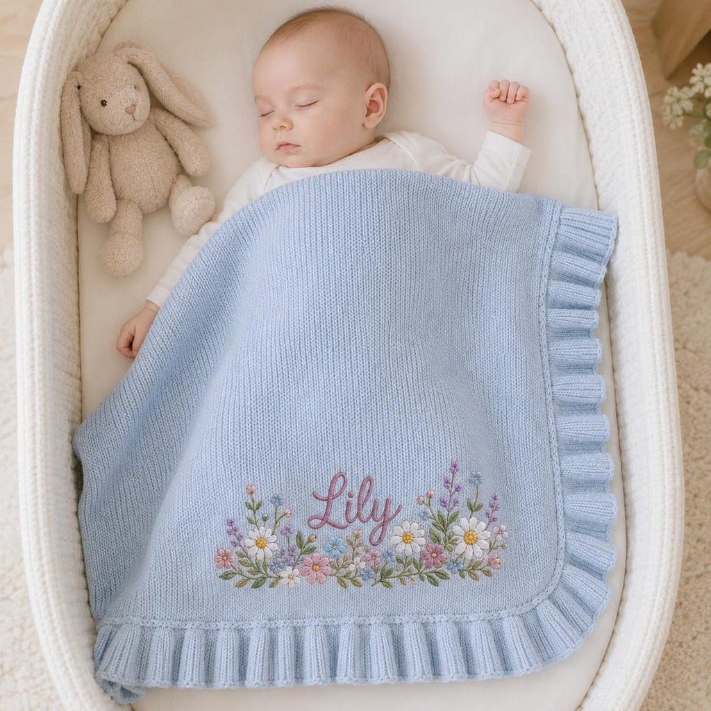 Daisy Wildflower Baby Blanket with Custom Name, Personalized Blue Knit Blanket, Floral Border Newborn Nursery Gift