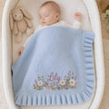 Daisy Wildflower Baby Blanket with Custom Name, Personalized Blue Knit Blanket, Floral Border Newborn Nursery Gift