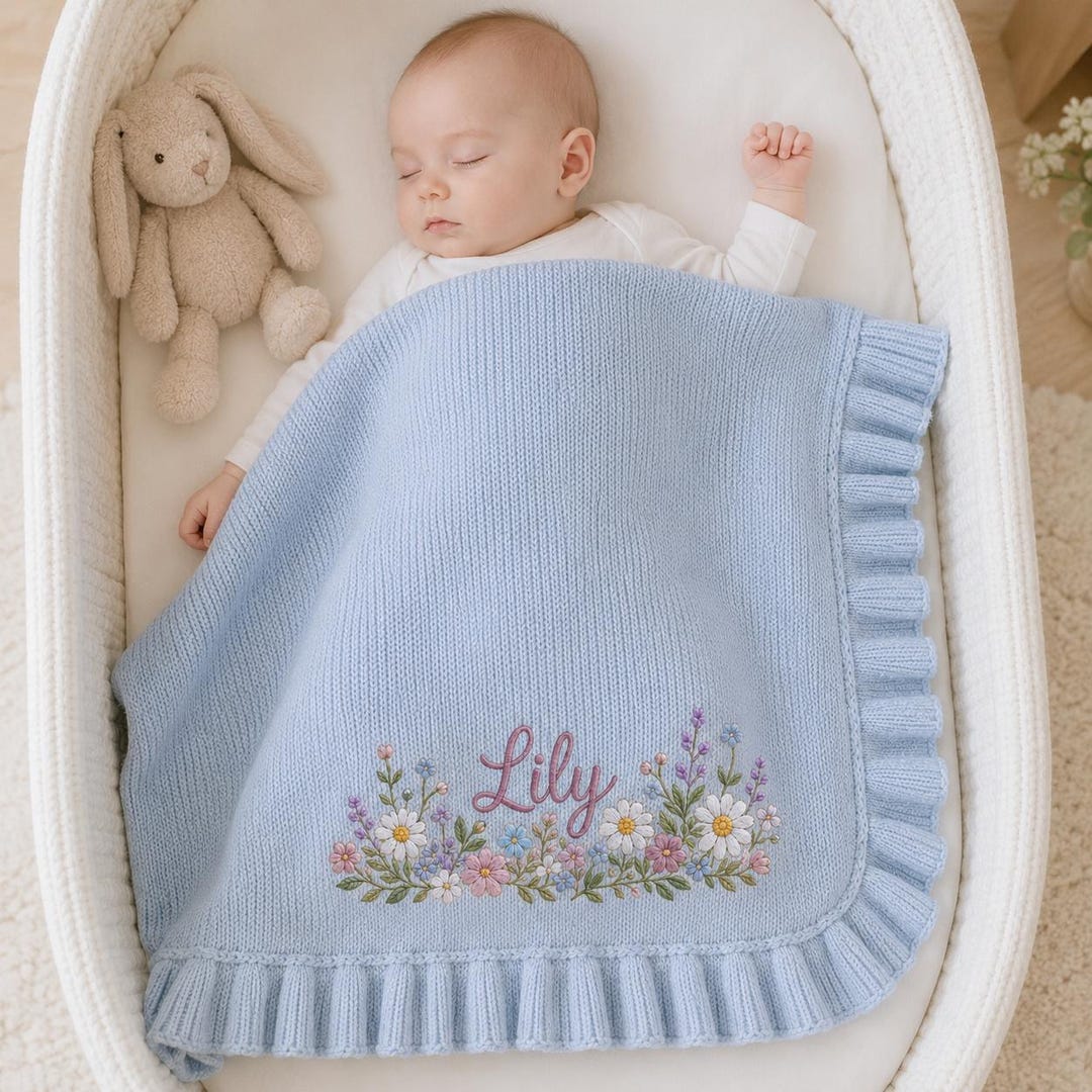Daisy Wildflower Baby Blanket with Custom Name, Personalized Blue Knit Blanket, Floral Border Newborn Nursery Gift