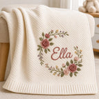 Personalized Baby Name Blanket, Embroidered Floral Knit Baby Blanket, Custom Newborn Girl Gift, Baby Shower Gift, Nursery Keepsake