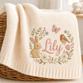 Personalized Baby Blanket with Name, Embroidered Floral Bunny Design, Soft Knit Custom Baby Girl Gift, Newborn Keepsake, Baby Shower Gift