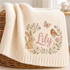 Personalized Baby Blanket with Name, Embroidered Floral Bunny Design, Soft Knit Custom Baby Girl Gift, Newborn Keepsake, Baby Shower Gift