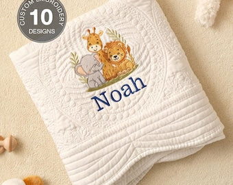 Personalized Baby Blanket, Embroidered Lion Baby Blanket, Cotton Safari Baby Blanket, Baby Shower Gift, Keepsake Heirloom Quilt,Newborn Gift