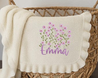 Personalized Embroidered Baby Blanket, Boho Floral Baby Blanket, Baby Name Knit Blanket, Newborn Gift For baby Girl, First Birthday Gift