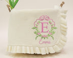 Personalized Floral Leaf Frame Bow Embroidery Blanket, Initial Baby Knit Blanket, Floral Blanket, Newborn Gift For Baby Girl, Shower Gift