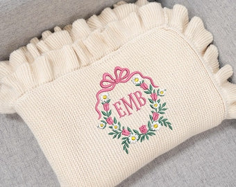 Floral Bow Wreath Embroidery Baby Blanket, Monogram Frame for Baby Blanket, Personalized Name, Floral Blanket for Girl, Baby Girl Blanket