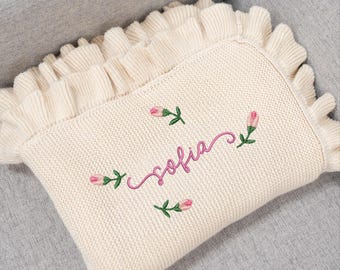 Personalized Baby Name Blanket, Floral Embroidery Baby Girl Blanket, Baby Shower Gift, Baby Chirstmas Gift, Newborn, Keepsake Gift for Baby