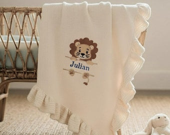 Personalized Embroidered Lion Baby Blanket, Custom Baby Name Blanket, Safari Baby Blanket, Newborn Gift,Baby Shower Gift,First Birthday Gift